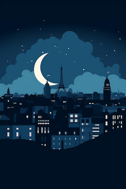 De stad en de maan van PARIJS verlicht 's nachts illustratie