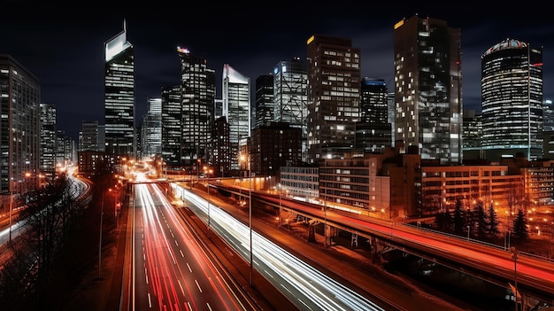 De stad is's nachts verlicht met lichtsporen Generatieve AI