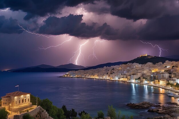 De stad Kavala Griekenland tijdens een geweldige donderstorm nacht