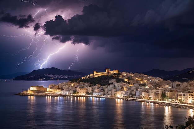 De stad Kavala Griekenland tijdens een geweldige donderstorm nacht