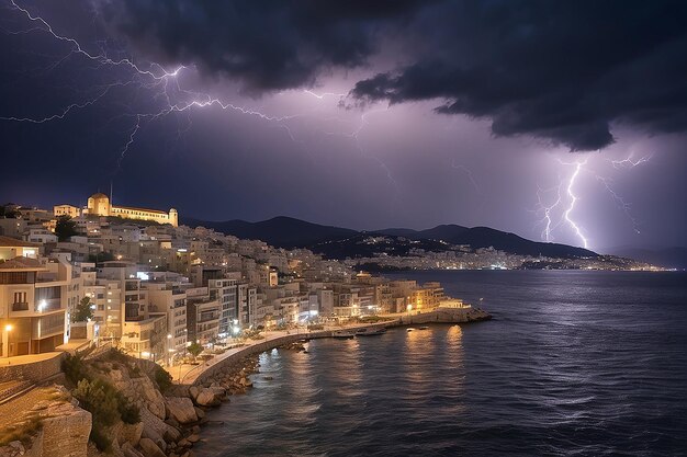 De stad Kavala Griekenland tijdens een geweldige donderstorm nacht