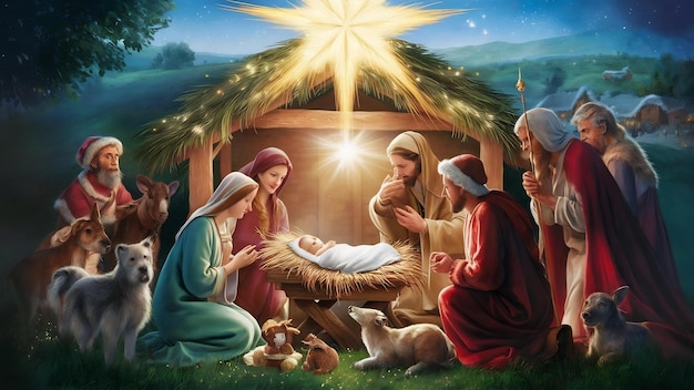 De ster schijnt over de kribbe van de kerst van Jezus Christus