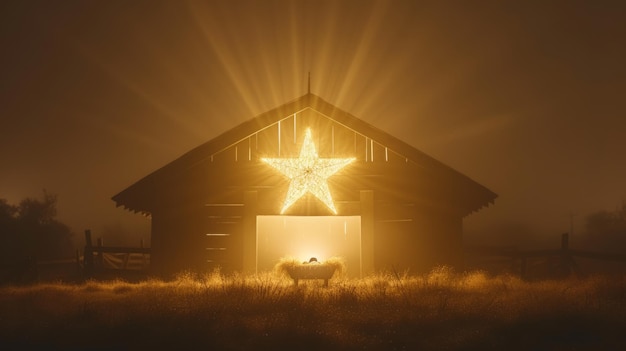 De ster van Bethlehem schijnt op Kerstmis over een schuur op het platteland