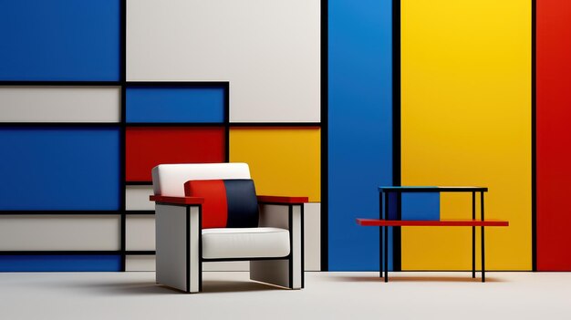 De stijl interior with chair and tablecomposition with redblueyellowblack and white3d rendering