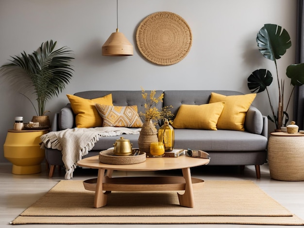 De stijlvolle Boho-compositie in het interieur van de woonkamer met design grijze bank houten salontafel