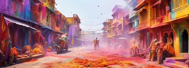 De straat is besprenkeld met kleurrijke holly kleurstoffen generatieve AI