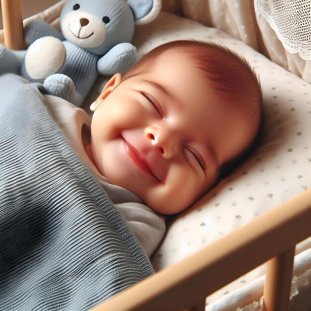 De stralende glimlach van een gelukkige baby die overdag in een wieg ligt