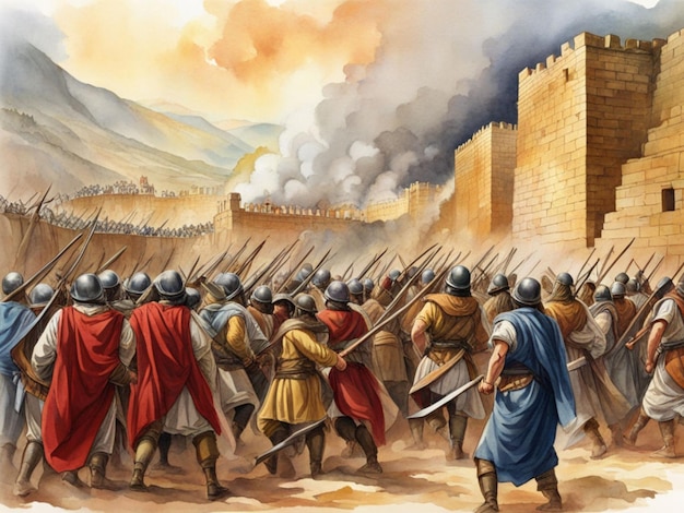 De strijd om Jericho De muren van Jericho vallen in terwijl de Israëlieten eromheen marcherenWaterkleur