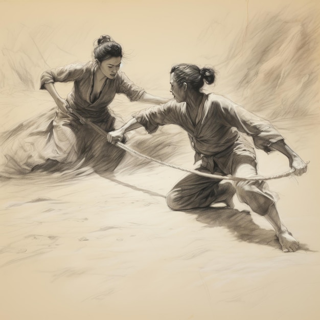 De strijd van de emoties Een felle touwtrekkingsoorlog tussen een strijdende vrouw en een serene monnik in het abstract