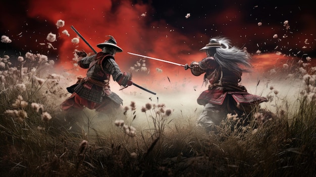 De strijd van twee samurai in een weiland onder het maanlicht