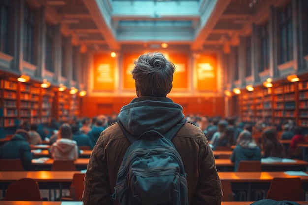 De student kwam naar de leeszaal van een grote bibliotheek.