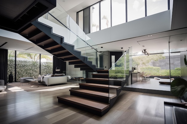 Foto de superslimme moderne thuisstudio-keuken heeft een slank en functioneel ontwerp met grote ramen en trappen die een open en luchtige sfeer creëren generatieve ai