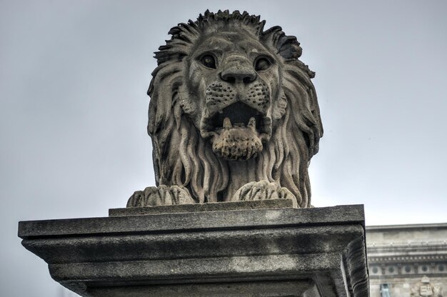 Foto de szechenyi-ketenbrug, een decoratieve hangbrug over de rivier de donau in boedapest, de hoofdstad van hongarije, gezien op een bewolkte dag