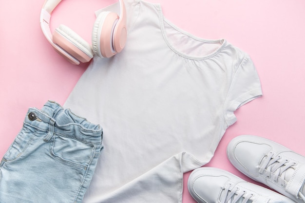 De t-shirtschoenen en hoofdtelefoons van het kind op roze backgrund