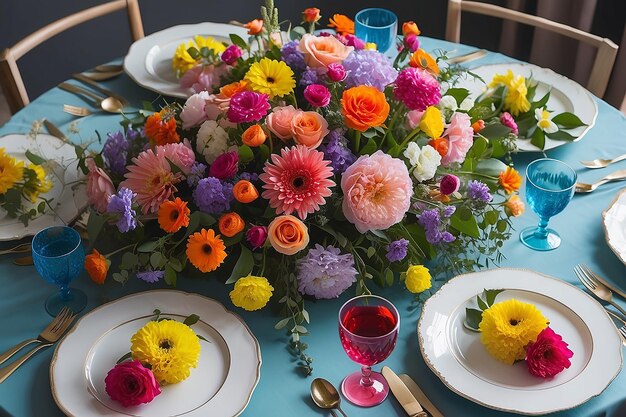 Foto de tafel versieren met veel gekleurde bloemen.