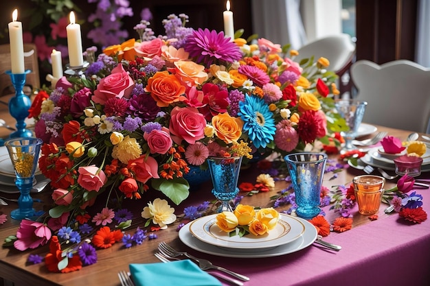 De tafel versieren met veel gekleurde bloemen