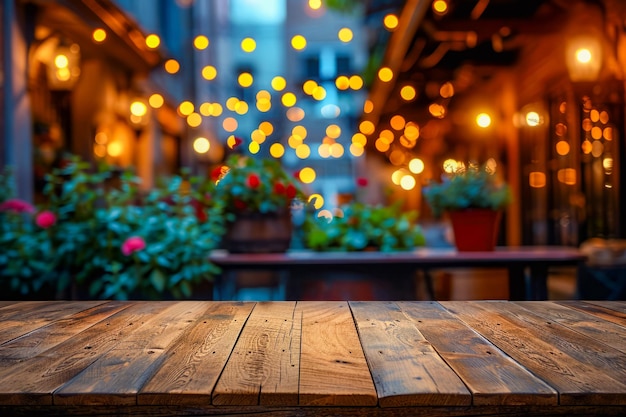 De tafel zit voor een groep bloempotten die allemaal worden verlicht door gele lichten.