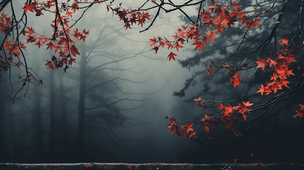 de takken en bladeren van de Japanse rode esdoorn vormen een herfst tekst frame op een wazige koude blauwe achtergrond