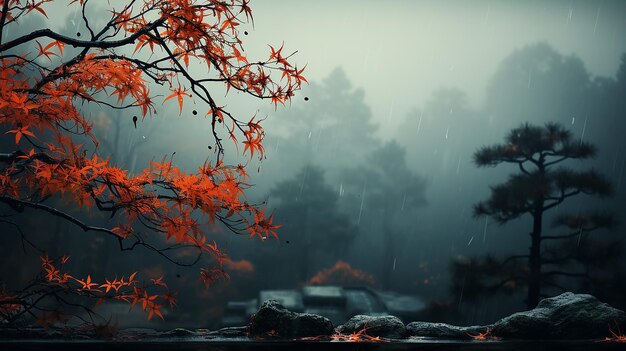 de takken en bladeren van de Japanse rode esdoorn vormen een herfst tekst frame op een wazige koude blauwe achtergrond