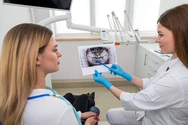 De tandarts toont het xray-beeld aan de patiënt Mensen geneeskunde tandheelkunde technologie en gezondheidszorg concept Vrouw tandarts met xray beeld van tanden en vrouwelijke patiënt in tandheelkundige kliniek kantoor