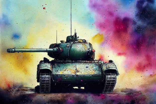 De tank is in de strijd aan het afvuren op de vijand Wereldoorlog Enorme tank digitale kunststijl illustratie schilderij