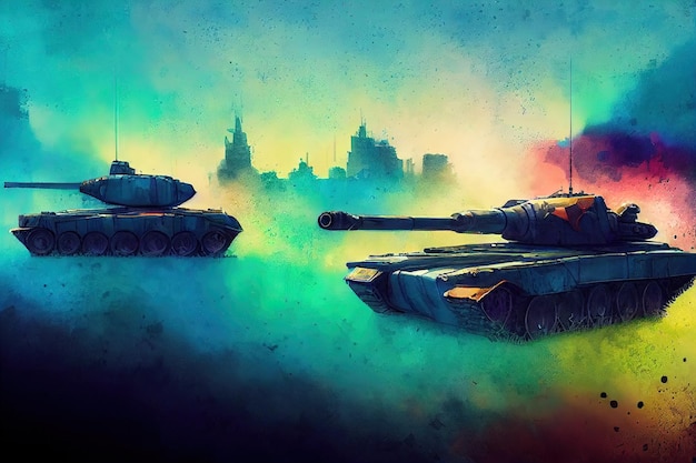 De tank is in de strijd aan het afvuren op de vijand Wereldoorlog Enorme tank digitale kunststijl illustratie schilderij