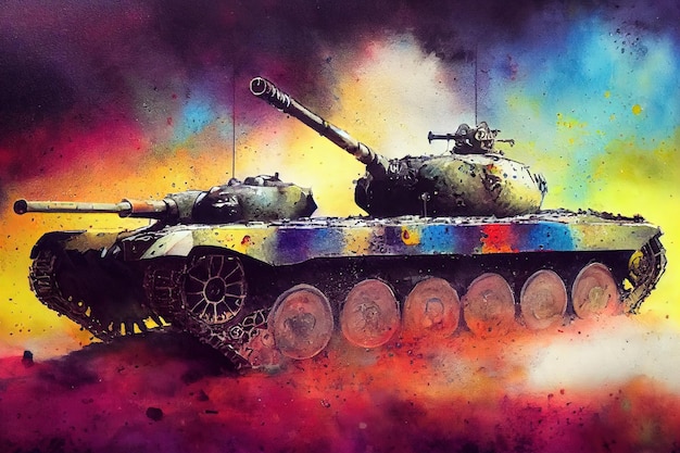 De tank is in de strijd aan het afvuren op de vijand Wereldoorlog Enorme tank digitale kunststijl illustratie schilderij