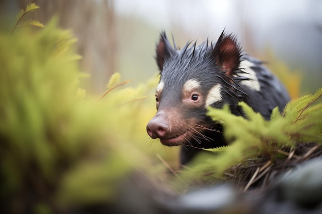 Foto de tasmaanse duivel zoekt voedsel in het dichte bos