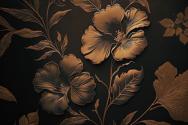 De tekening van bronzen hibiscus op donker papier is een eenvoudig en mooi beeld met een herhalend ontwerp Flowers Flat intelligence tech vignettering 8k Concept van kunst AI