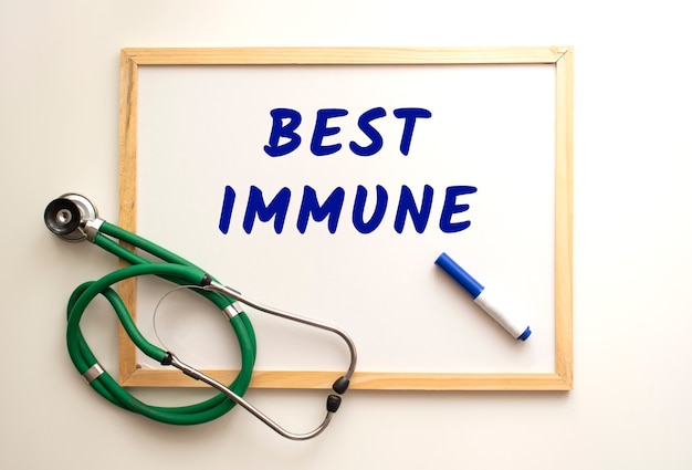 De tekst best immune is met een stift op een wit kantoorbord geschreven. vlakbij is een stethoscoop. medisch concept.