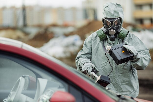 De teller van de stralingssupervisor van de wetenschapper controleert het niveau van radioactieve straling in de gevarenzone