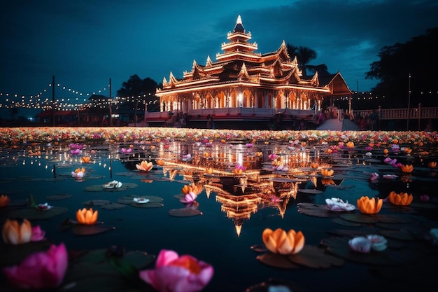 de tempel is 's nachts verlicht