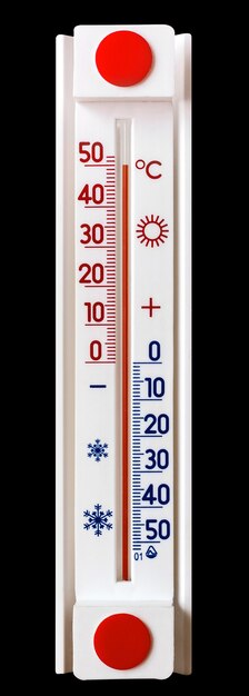 De thermometer op een geïsoleerde zwarte achtergrond toont plus 50 graden warmte_