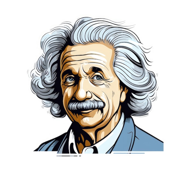 De tijdloze charme van cartoon stijl dikke lijn een taille shot van Albert Einstein op een fris witte Ba
