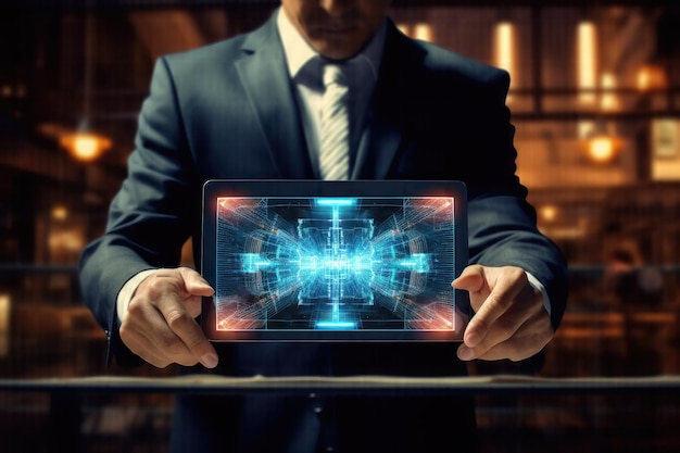 De toekomst omarmen Een zakenman breidt een futuristisch virtueel scherm uit op een moderne tablet