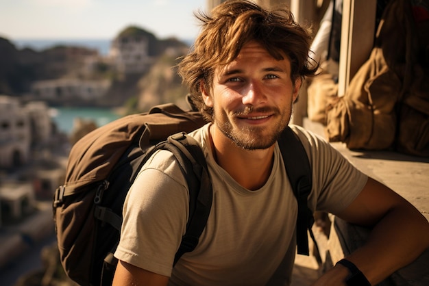 Foto de toerist is een jonge man in zijn vroege dertiger jaren met een verzonken huid en een heldere