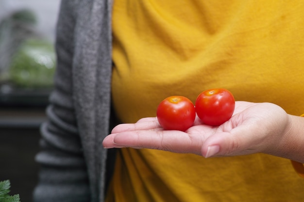 De tomaten van de vrouwenholding in haar dienen de keuken in
