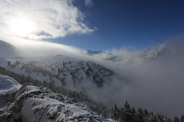 De top van de bergen met bos bedekt met sneeuw, mist en wolken op een zonnige ijzige dag