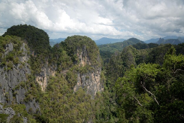 De top van tiger cave-tempel wat tham suea krabi-regio thailand op de top van de berg staat een groot gouden boeddhabeeld dat een populaire toeristische attractie is