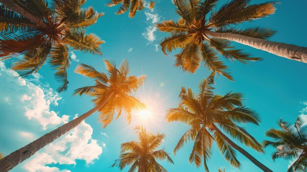 De toppen van tropische palmbomen verlicht door de heldere zon Zomerconcept