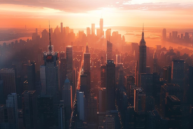 De torenhoge skyline van de stad bij zonsondergang