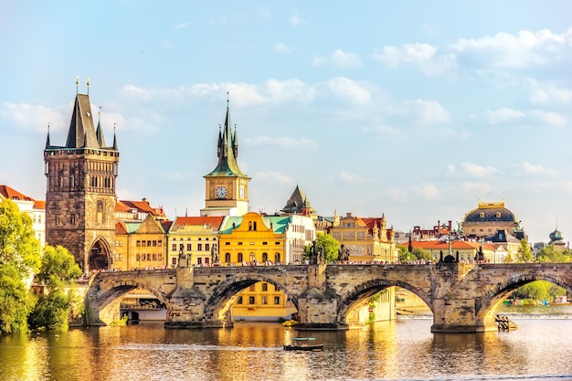 De torens van de Karelsbrug in Praag en het Nationaal Theater zomer d