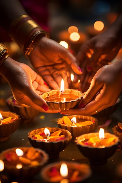 Foto de traditionele diwali-olielampen worden met zachte handen aangestoken om het begin van een spirituele viering te markeren