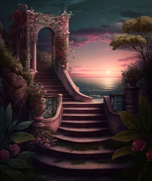 De trappen die leiden naar de ingang bij zonsondergang in de stijl van decoratieve achtergronden