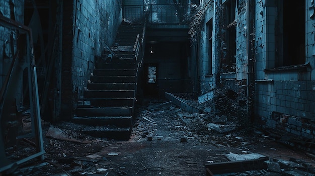 Foto de trappen van het donkere verlaten gebouw zijn bedekt met puin.