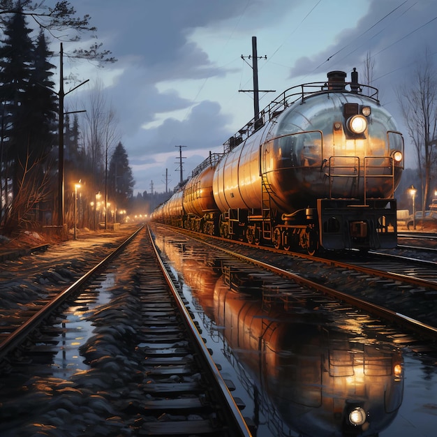 De trein rijdt op rails en levert goederen en mensen af via het door AI gegenereerde spoor