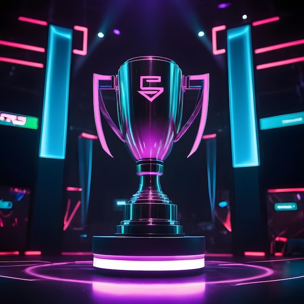 De trofee van de e-sports winnaar staat op het podium.