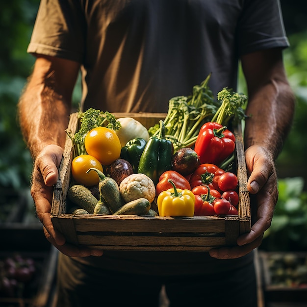 De trots van een jonge boer met een doos biologische groenten