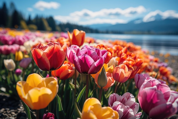 De tulpenvelden zijn helder en vol zonlicht. Professionele fotografie.