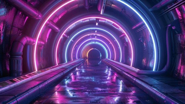 De tunnel heeft lagen neonverlichting en er is een platform voor het plaatsen van producten